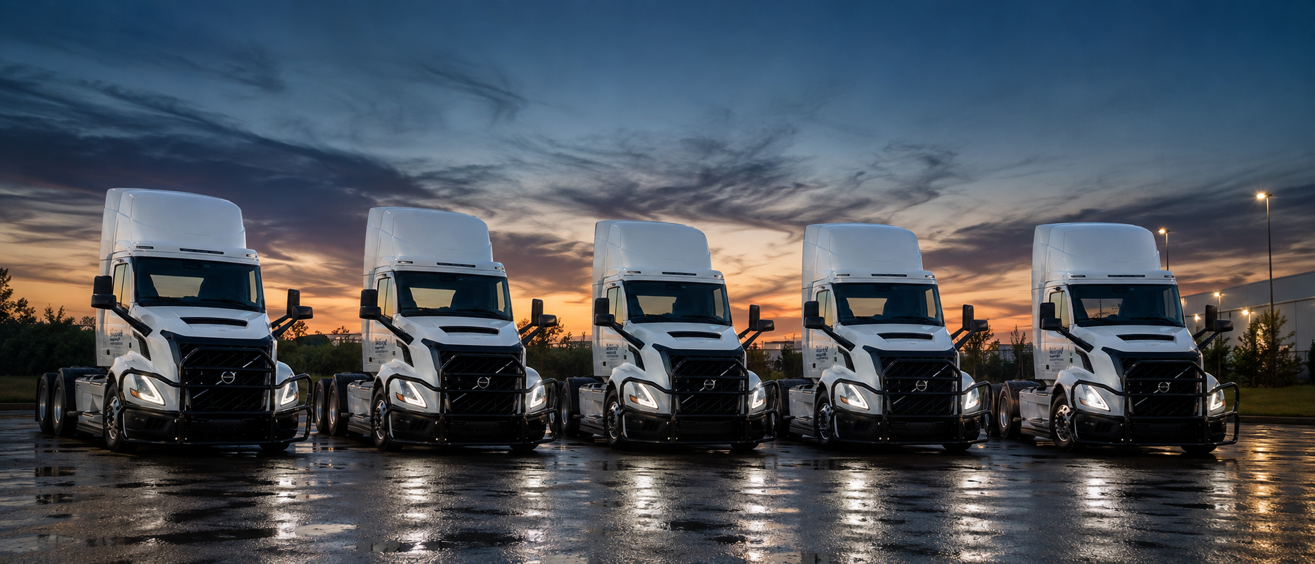Five current-body Volvo New VNL day-cab tractors in a Blue Ox fleet portrait at blue hour