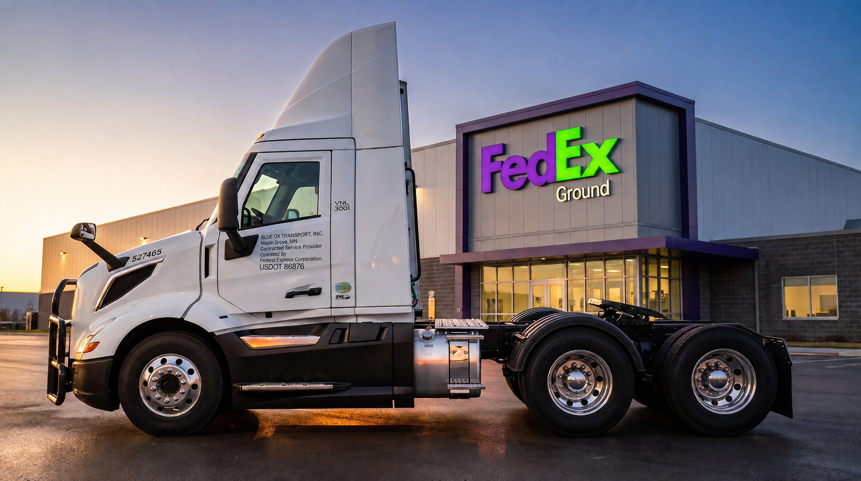 Blue Ox Unit 527465, a 2026 Volvo New VNL, presented in a premium FedEx Ground terminal campaign setting