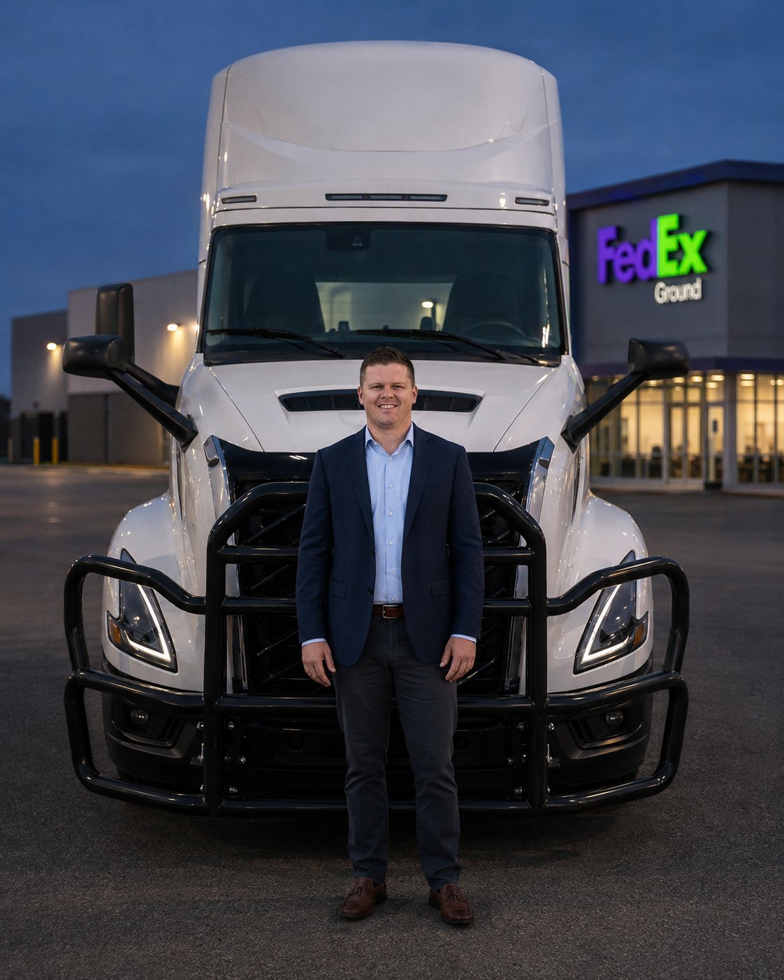 Nate Greer standing at realistic scale in front of an all-new-body 2026 Volvo VNL 300 with a softly focused FedEx Ground terminal behind him